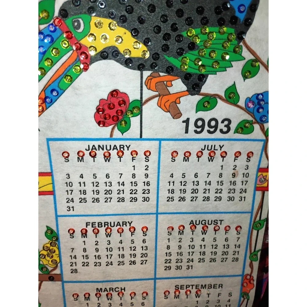 Vintage Felt Jeweled 1993 Calendar Parrots Multicolor 25